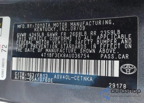 2010 Toyota Camry Le from USA, damaged, VIN 4T1BF3EK8AU036754